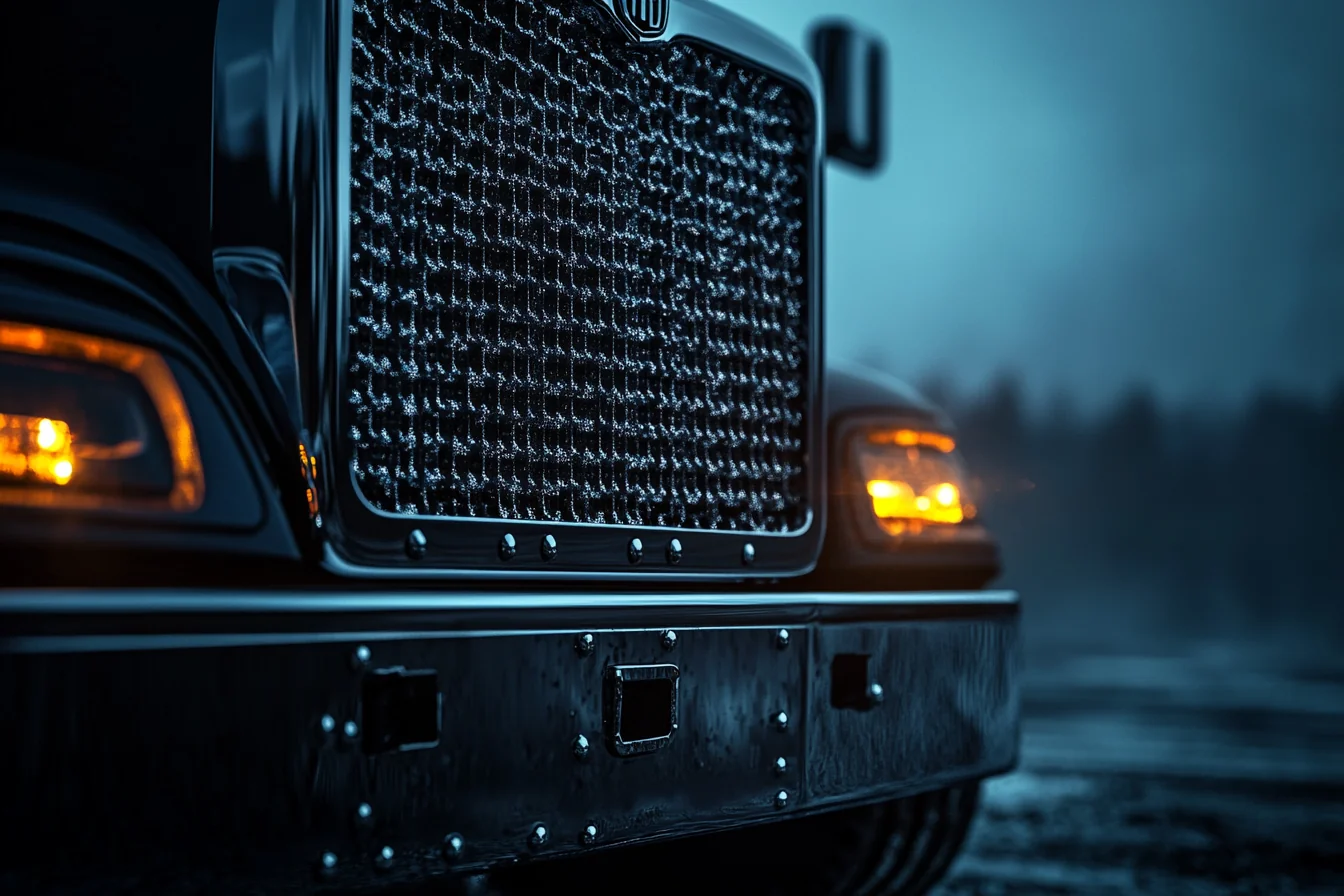 Close-up of truck grille at night
