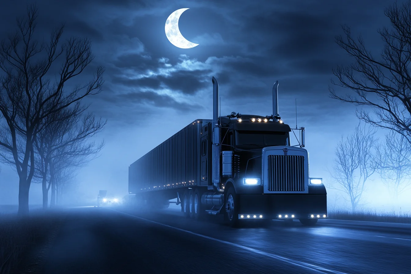 Nightfall Express semi truck on the road at night